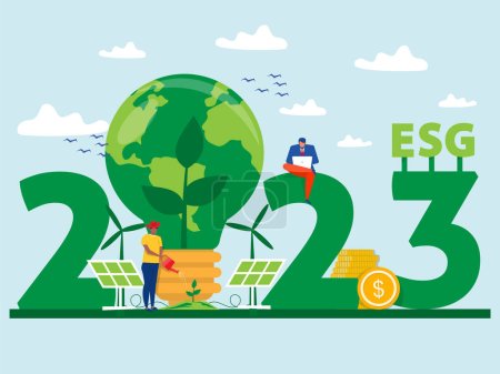  Save the World, ESG und Green Business Policy Konzept im Jahr 2023. erneuerbare, grüne, sichere und langfristige Quellkonzeptvektoren retten die Welt