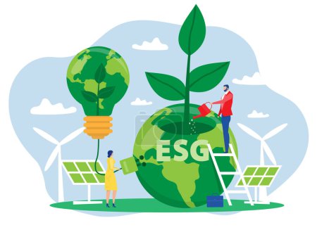 Téléchargez les illustrations : Homme d'affaires arroser les plantes sur Terre en forme de lampe ampoule avec problème d'écologie ESG renouvelable, vert, sûr et à long terme concept source vecteur - en licence libre de droit