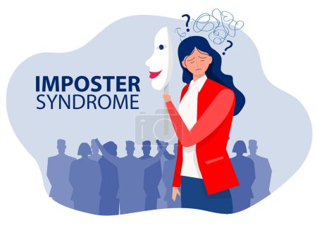 Imposter syndrome.woman holding a mask self confidence but Anxiety and lack of self confidence at work background; the person fakes is someone else concept