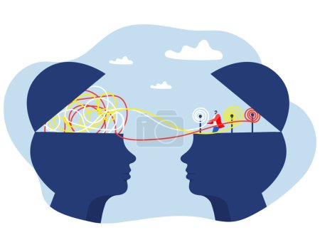 Illustration for Two human heads silhouette decoding and understanding problem or rational and irrational thinking, conflict. Ordering thoughts into structure  brain mental health psycho therapy concept - Royalty Free Image