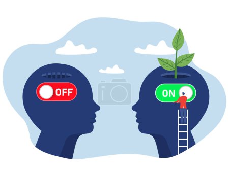 Two human heads silhouette think sign on with off growth mindset different fixed mindset concept vector