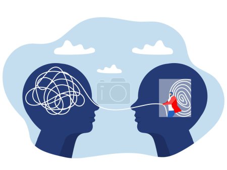 Illustration for Two human heads silhouette decoding and understanding problem or rational and irrational thinking, conflict. Ordering thoughts into structure brain mental health psycho therapy concept - Royalty Free Image