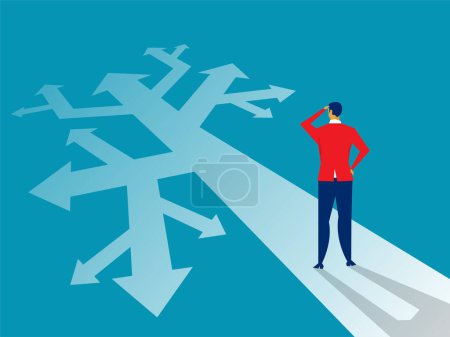 Illustration for Businessman Standing on the Crossroads for Decision Which Way at arrows pointing to many directions.  vector illustration. - Royalty Free Image