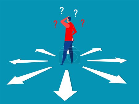 Businessman Standing on the Crossroads for Decision Which Way at arrows pointing to many directions.  vector illustration.