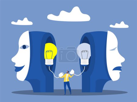 Téléchargez les illustrations : Homme d'affaires essayant de brancher une ampoule, connexion réseau mobilisation créative ampoule de charge cerveau Illustration vectorielle - en licence libre de droit