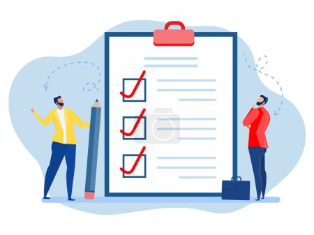 Illustration pour Businessman holding a pencil  with completed checklist. list, paper document and to do list with checkboxes.filling out forms, modern concept - image libre de droit