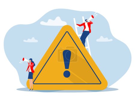 Ilustración de Two business people holding megaphone with important announcement. Attention or warning information By standing near exclamation sign. Marketing and advertising alert and beware concept - Imagen libre de derechos
