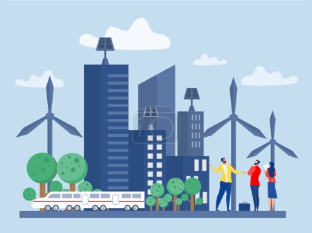 Businessman invests in clean and green city energy. Solar panel and windmills ,Saving money and nature ESG or ecology problem concept modern flat vector illustration
