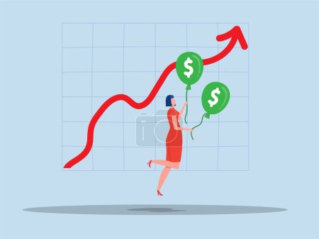 Illustration for Interest rate hike due to inflation percentage rising up Inflation and monetary policy concepts,Businesswoman investors flying with dollar symbol balloons.vector - Royalty Free Image
