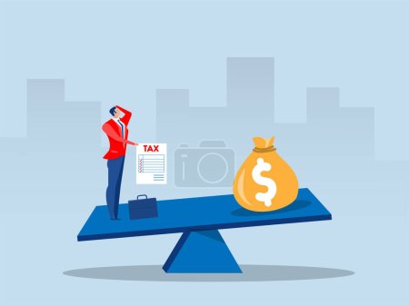 Illustration for Balancing businessman stress between income and tax. concept vector illustrator - Royalty Free Image