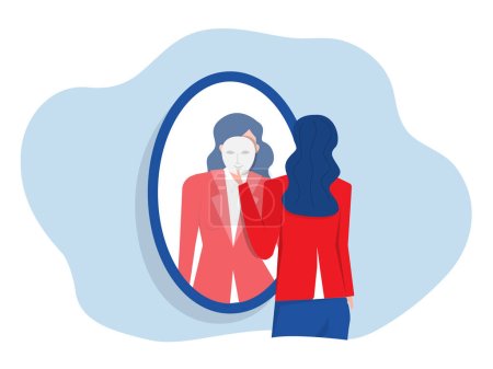 Illustration for Imposter Syndrome. A businesswoman looks in the mirror and takes mask his imposter for Anxiety and lack of self confidence at work vector - Royalty Free Image