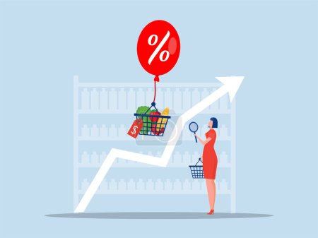 Illustration for Goods Inflation,women stress with Rising food price crisis,Prices of commodities and consumer goods rose due to rising inflation concept. vector illustration - Royalty Free Image
