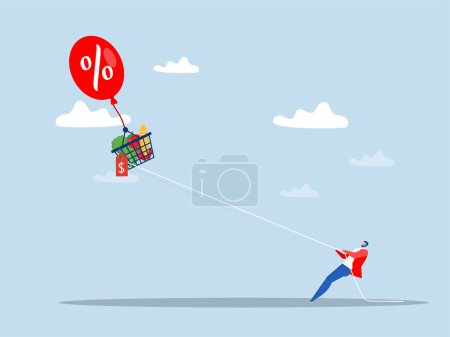Illustration for Inflation reflects ,Businessmen trying to catch the shopping cart full of food flying into the sky by inflation balloon. higher prices of goods vector illustrator - Royalty Free Image
