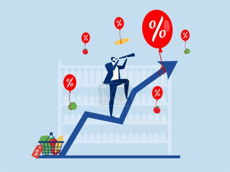 Illustration for Goods Inflation, businessman analysis with Rising food price crisis,Prices of commodities and consumer goods rose due to rising inflation concept. vector illustration - Royalty Free Image