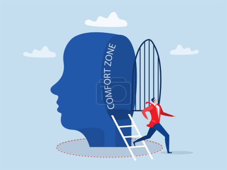Illustration for Businessman step out of comfort circle for freedom for new success.manage to exit from original idea to start new idea conceptcomfort zone concept vector - Royalty Free Image