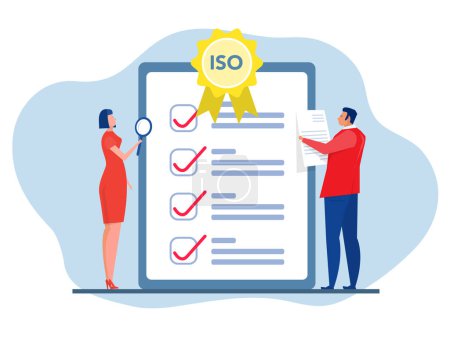 Illustration for ISO system and international certification concept Team Business analysis with passed standard quality control vector illustrator - Royalty Free Image