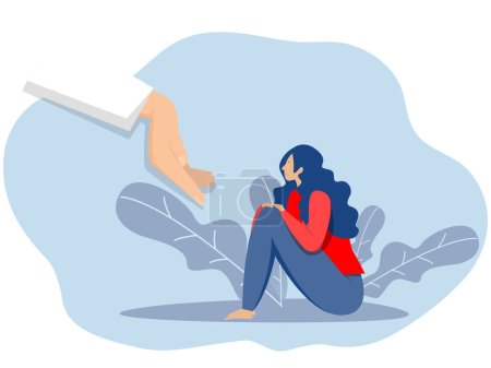 Psychologisches Unterstützungskonzept Junge Frau sitzt depressiv oder unzufrieden mit psychotherapeutischer Hilfe und Unterstützungsberatung Vektor Illustration