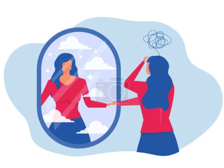 Illustration for Girl touching her reflection in the mirror different smiling confident dream with sad anxiety at herself health mental illustration - Royalty Free Image