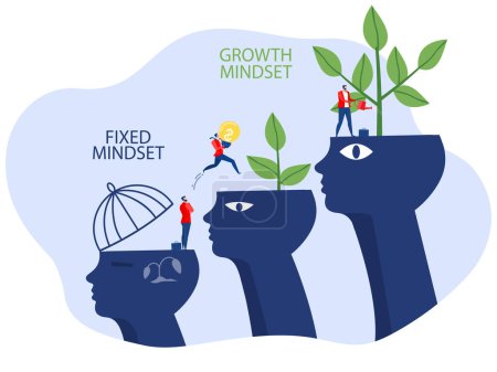 Businessman improve or develop ideas with jumping from move on different fixed mindset to a growth mindset on the head human concept vector illustrator