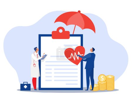 health insurance concept ,Woman analyze about health insurance and doctor under an umbrella with medications and documents.flat vector illustration 