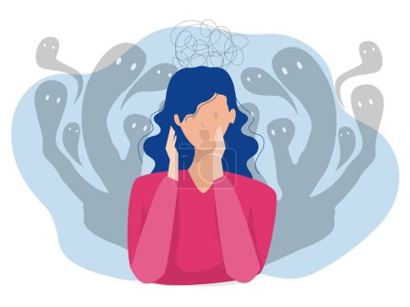 Fear attack concept; girl sitting on floor and struggling with inner fears and psychological disorders problems with mental health and psychology.; phobia Cartoon flat vector illustration