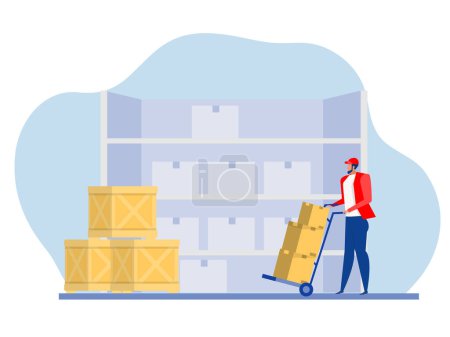 Ilustración de Delivery man rolling cardboard Lleva cajas en handcart. Trabajador de almacén, reubicación y mudanza, gestión logística. ilustración vectorial - Imagen libre de derechos