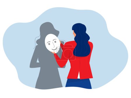 Ilustración de Síndrome de Impostor. Una mujer de negocios mira su sombra y toma la máscara de su impostor para la ansiedad y la falta de confianza en sí mismo en el vector de trabajo - Imagen libre de derechos