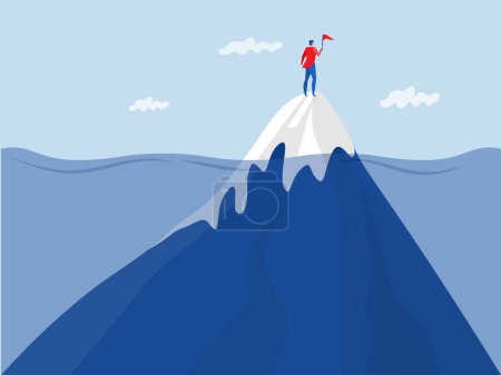 Illustration for A businessman suit stands on top of a mountain holding the flag on underwater new beginning, future  success concept. Vector illustration - Royalty Free Image
