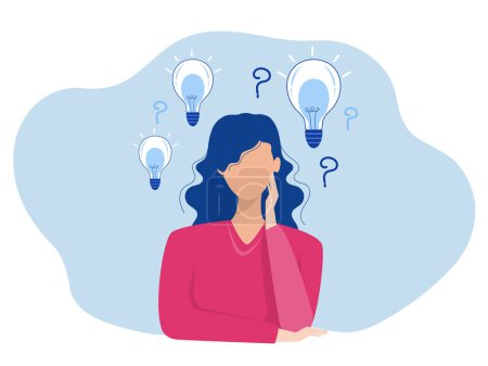 Illustration for Woman thinking with question mark and light bulb doubts his choice about Creativity,Problem solving thoughtful pose concept design illustration - Royalty Free Image