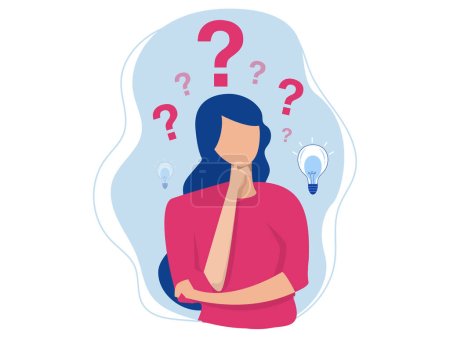Illustration for Woman thinking with question mark and light bulb doubts his choice about Creativity,Problem solving thoughtful pose concept  design illustration - Royalty Free Image