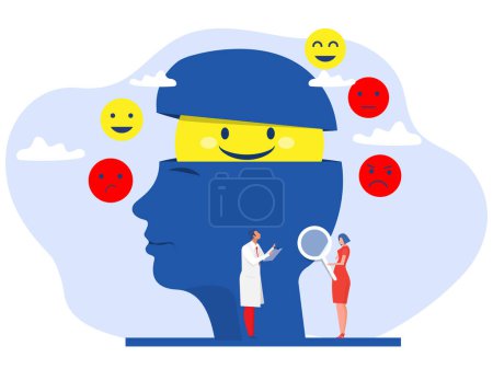 Illustration for Doctor assesses symptoms negative and positive thinking reaction on head brain concept vector - Royalty Free Image