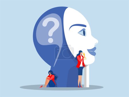  imposter syndrome, business woman holding mask happy face but behind Anxiety and lack of self confidence at work vector