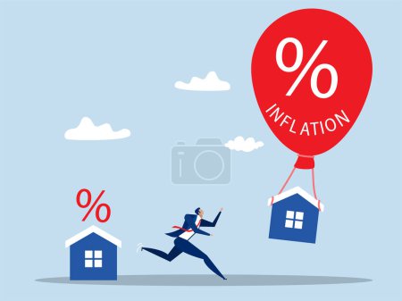 Illustration for Real estate inflation,Businessman running to prevent inflation from Rising house prices house floats in balloon vector - Royalty Free Image