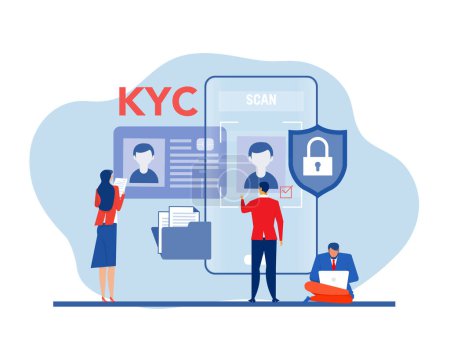 Ilustración de KYC o conozca a su cliente con negocios verificando la identidad del concepto de su cliente en los futuros socios a través de una lupa de identificación y seguridad empresarial. - Imagen libre de derechos