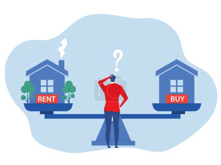 Businessman standing confuse to choose to buy or rent a house home apartment vector illustration