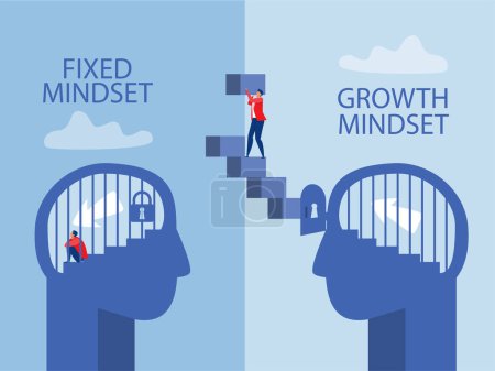  businessman building stairs new successful life. Think growth mindset different fixed mindset concept, illustrator.
