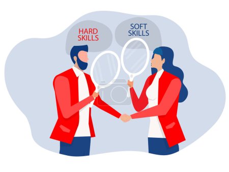 Illustration for Man and Woman shaking hands achievement in deal ,Communication, Hard VS Soft Skills Concept Idea Development ,Multiple Intelligences Vector Illustration - Royalty Free Image