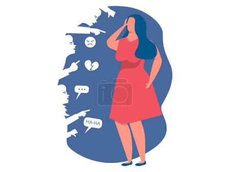 Illustration for CyberBullying concept,woman depressed with People bullying a girl on  message with body shaming and bullying concept abuse concept.Vector flat cartoon illustration - Royalty Free Image