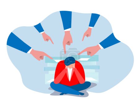 Illustration for Bullying at work or Toxic work concept. businessman man get bullying in his office him fear of failure and responsibility, giant boss hands pointing and blaming at depressed employee.vector illustrator - Royalty Free Image