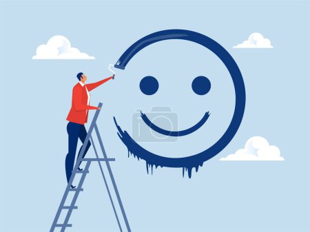 Positive thinking concept,happy businessman climb up stairs ladder to painting ing smile face on wall with roller vector illustration.