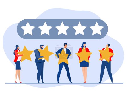 Clasificación de cinco estrellas retroalimentación positiva, las personas que llevan a cabo la revisión estrellas calificación de los clientes retroalimentación del cliente concepto de nivel de satisfacción, producto de apoyo o servicio vector ilustración