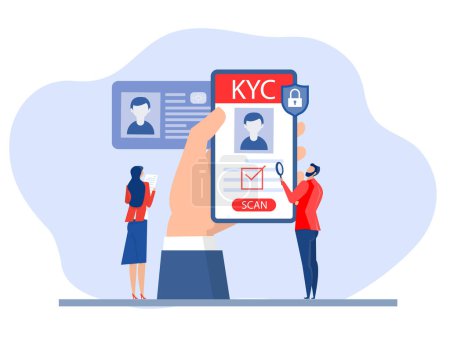 Ilustración de KYC o conozca a su cliente con negocios verificando la identidad del concepto de su cliente en los futuros socios a través de una lupa de identificación y seguridad empresarial. - Imagen libre de derechos