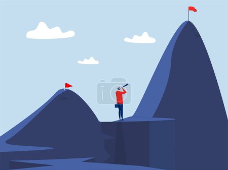 Business goals,Businessman looking binoculars with the top of the mountain, looking to another higher mountain challenges Concept of stock investment; Flat cartoon character Vector illustration