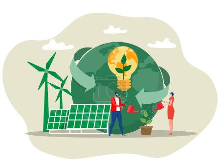 Ilustración de Green Clean Energy Concept, Las personas con energía respetuosa con el medio ambiente, ahorrar energía, Panel solar y turbine.day viento de la ilustración EarthVector - Imagen libre de derechos