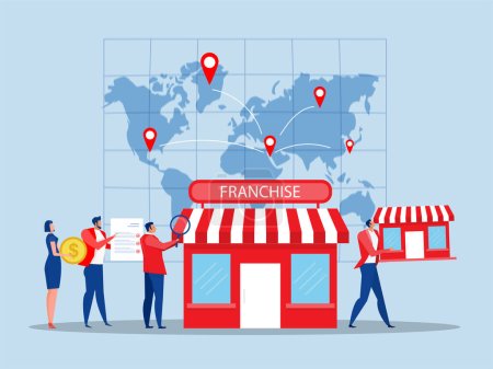  Franchise business concept Shop Real estate business promotional, sme startup crowdfunding. expand on world map, Franchise business concept.vector illustration