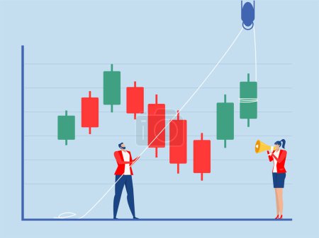 businessman dragging a chart graph of trader thinking while analyzing green graph from continue drop down to buy or sell in crypto trading or stock market vector