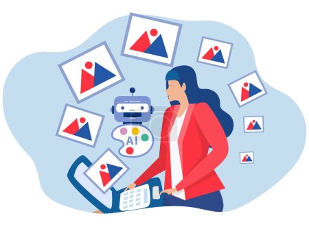 Téléchargez les illustrations : Femme d'affaires AI invite ingénieur ou chatbot AI pour créer un texte ou une image Ingénierie rapide de l'utilisation de l'intelligence artificielle et le traitement de photos - en licence libre de droit
