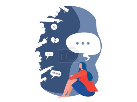 Illustration for Bullying concept,woman depressed with People bullying a girl on message bubbles with body shaming and bullying concept abuse concept. Vector flat cartoon illustration - Royalty Free Image