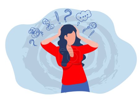 Illustration for Woman suffers from obsessive thoughts headache unresolved issues psychological trauma depression.Mental stress panic mind disorder illustration Flat vector illustration. - Royalty Free Image