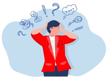 Illustration for Man suffers from obsessive thoughts; headache; unresolved issues; psychological trauma; depression.Mental stress panic mind disorder flat vector illustration - Royalty Free Image